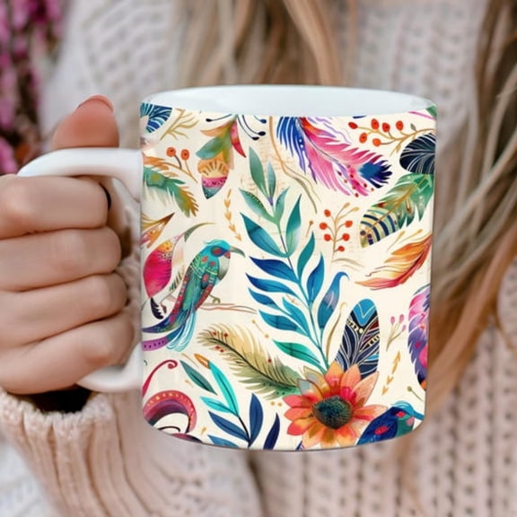 Boho Bi Ceramic Mug, Colorful Bird Tea Cup, Nature Lover Gift, Coffee Mug Gift, Bird Wat Present, Bohemian Theme, Coffee Lover.
