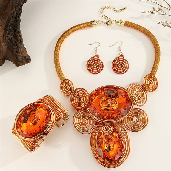 Boho Big Crystal Stone Necklace and Earring Bracelet Set Fashion Costume Aluminum Jewelry For Women Tribal Unique Colorful Collar Choker