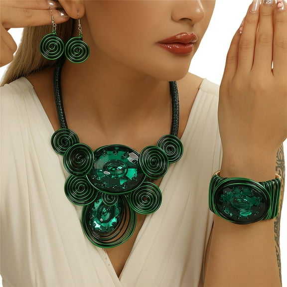 Boho Big Crystal Stone Necklace and Earring Bracelet Set Fashion Costume Aluminum Jewelry For Women Tribal Unique Colorful Collar Choker