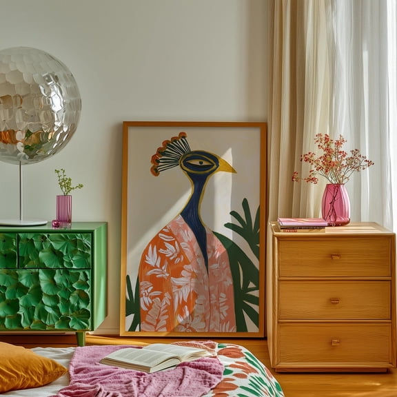 Boho Bird Portrait Wall Art, Eclectic Home Decor, Whimsical Animal, Unframed Canvas Size 12x18