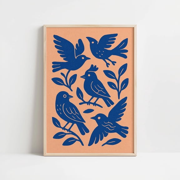 Boho Bird Terracotta Blue Folk, Unframed Paper Print Size 8x12