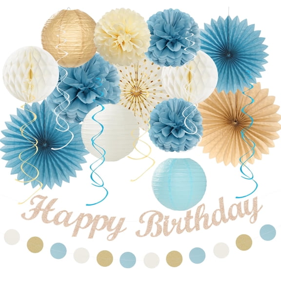 Boho Birthday Decorations for Women, 21pcs Light Dusty Blue Beige Champagne Party Supplies Kit, Happy Birthday Banner, Garland, Paper Streamers, Lanterns, Tissue Pom Poms, Fans, Wall Backdrop Decor
