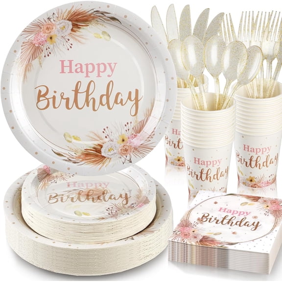 Boho Birthday Decorations for Women, Neutral Birthday Plates and Napkins Party Supplies 168Pcs, Happy Birthday Plates and Napkins Set for Boho Floral Champagne Cream Beige Party, Serve 24