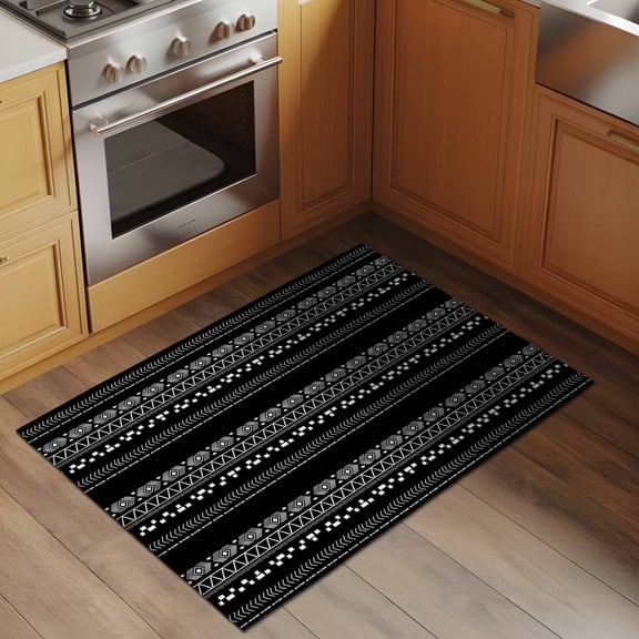 Boho Black 2x3 Rug for Entryway Front Door Kitchen Sink Area, Geometric Striped Hand Painted Texture Low Pile Washable Non Slip Rectangle Area Rug