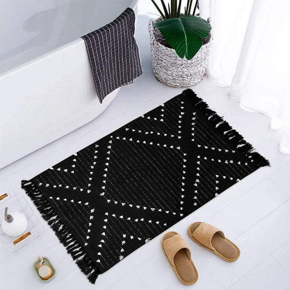 Boho Black Bathroom Rug 2x3 Bath Mat, Washable Small Cotton Woven Throw Rugs, Moroccan Area Carpet with Tassel for Kitchen Sink Front Door Entryway
