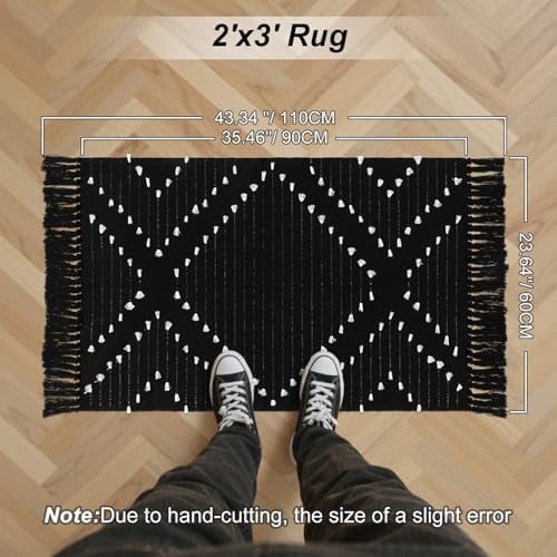 Boho Black Bathroom Rug 2x3 Bath Mat, Washable Small Cotton Woven Throw Rugs, Moroccan Area Carpet with Tassel for Kitchen Sink Front Door Entryway