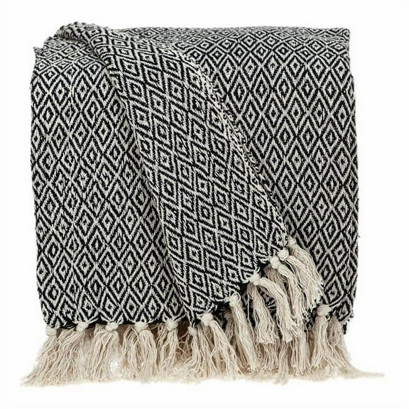 Boho Black & Beige Woven Diamond Pattern Throw with Tassels