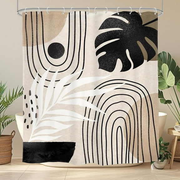 Boho Black Brown Beige Shower Curtain Extra Long Modern Mid Century Tropical Leaf Bathroom Minimalist Geometric Arch 72Wx84L Inches Bath Accessories Art Home Decor Fabric 12 Pack Hooks