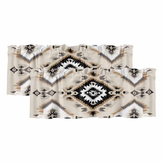 Boho Black Brown Curtain Valances for Windows, Kitchen Valance Window Treatments Panel 2 Pack, Vintage Southwestern Ethnic Geometric Rod Pocket Short Curtains for Bathroom Bedroom 60 x 18 Inch