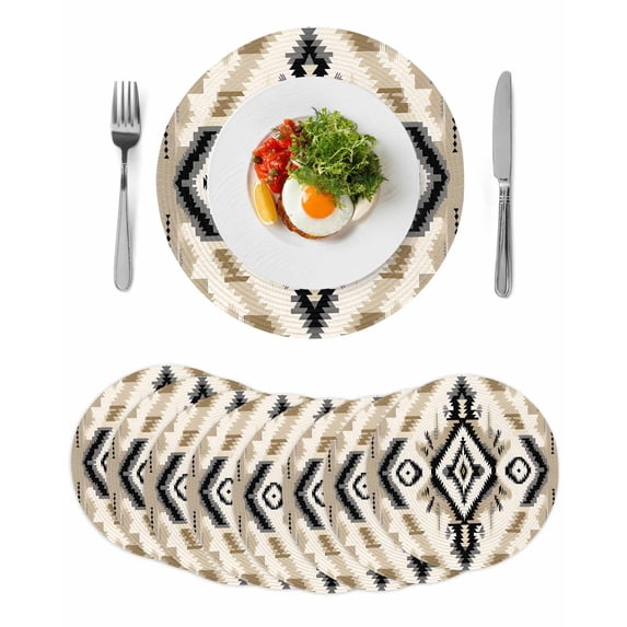 Boho Black Brown Round 13 Inch Placemats Set of 8, Southwestern Geometric Ethnic Retro HeatResistant Non Slip Place Mats for Dining Table, Wipeable Braided Kitchen Table Mats for Housewarming