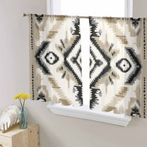 Boho Black Brown Semi Sheer Curtains 54 Inch Length 2 Panels Set, Southwestern Geometric Ethnic Retro Sheer Kitchen Curtain Privacy Voile Window Curtain for Living Room Bedroom Rod Pocket Drapes