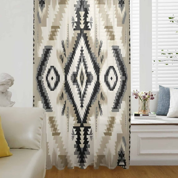 Boho Black Brown Semi Sheer Curtains Drapes for Living Room, Bedroom, French Doors Window 63 Inches Long, Southwestern Geometric Ethnic Retro Rod Pocket Chiffon Curtain Drapery Voile Draperies Panel