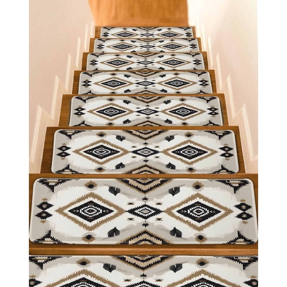 Boho Black Brown Stair Treads for Wooden Steps Indoor Runner Rug Carpet, Geometric Southwestern Ethnic Retro 4 Pieces Peel and Stick Staircase Step Treads Covers Washable Throw Door Mats, 30"x8"