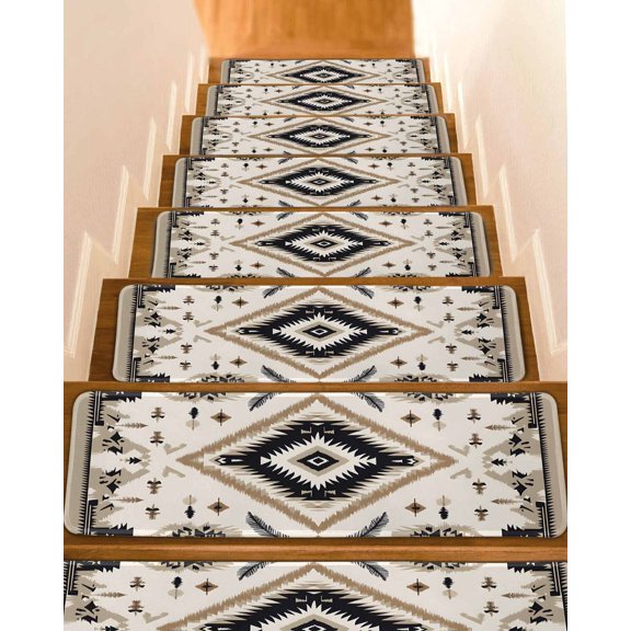 Boho Black Brown Stair Treads for Wooden Steps Indoor Runner Rug Carpet, Retro Geometric Southwestern Ethnic 4 Pieces Peel and Stick Staircase Step Treads Covers Washable Throw Door Mats, 30"x8"