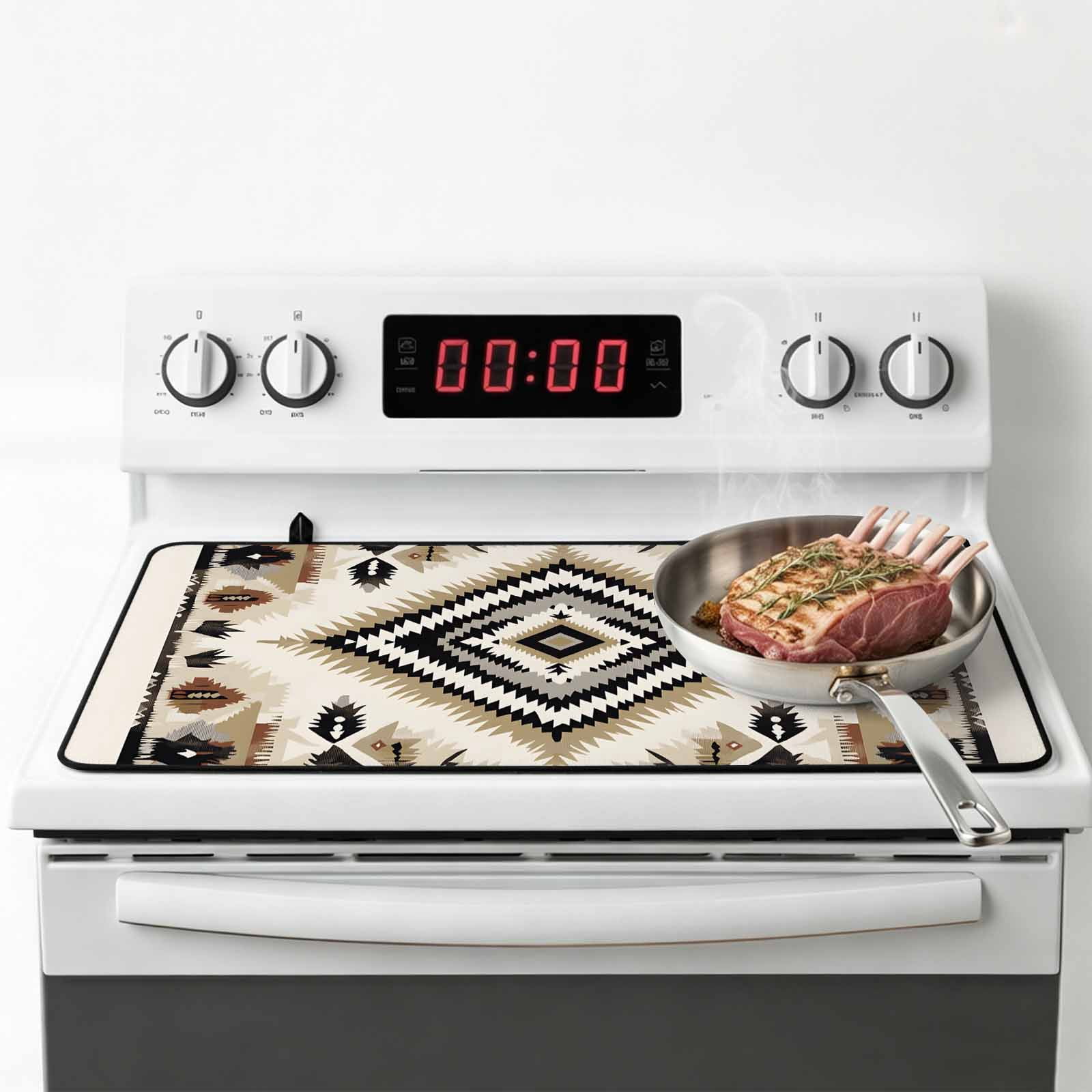Boho Black Brown Stove Top Cover for Electric Stove, Heat-proof & Non Slip Glass Top Stove Cover Protector, Vintage Geometric Southwestern Ethnic Kitchen Flat Cooktop Rubber Mat 24x21 Inches