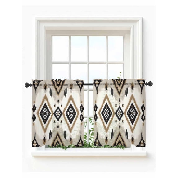 Boho Black Brown Tier Curtains 36 Inch Length,Sheer Curtains for Bedroom Living Room Window Geometric Southwestern Ethnic Retro Rod Pocket Drapes Kitchen Curtains Small Half Window 27.5"x36" 2 Panels