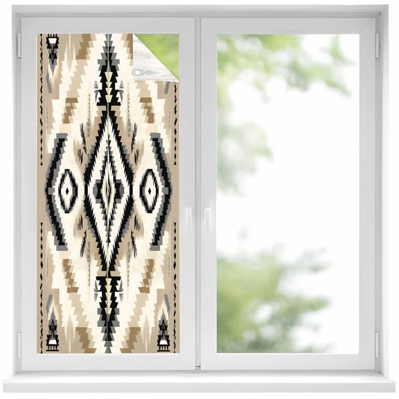 Boho Black Brown Window Privacy Film, Southwestern Geometric Ethnic Retro Static Cling UV Sun Blocking Heat Control Window Tint Day and Night, Non-Adhesive One Way Windows Privacy Cover 19.6''x39.3''