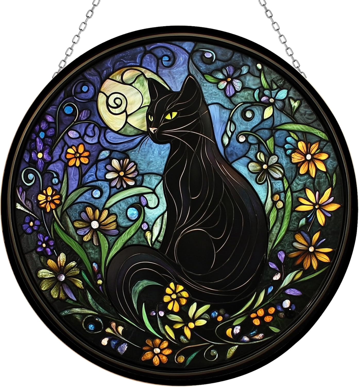 Boho Black Cat in A Moonlit Garden Stained Glass Suncatcher Window ...