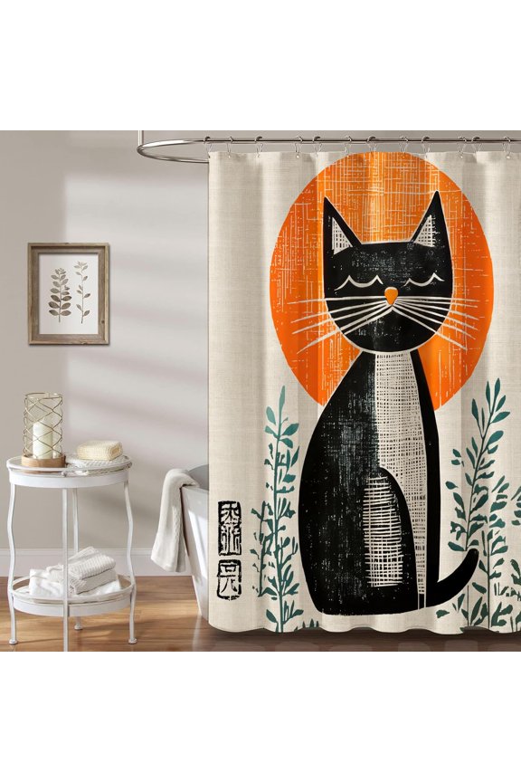 Boho Black Cat Shower Curtain,Mid Century Abstract Arch Modern Aesthetic Bathroom Curtain Fabric Waterproof with 12 Hooks Cute Funny Asian Style Traditional Japanese Art