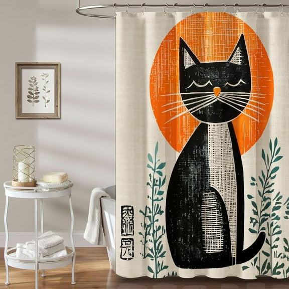 Boho Black Cat Shower Curtain,Mid Century Abstract Arch Modern Aesthetic Bathroom Curtain Fabric Waterproof with 12 Hooks Cute Funny Asian Style Traditional Japanese Art
