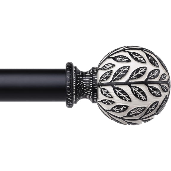 Boho Black Curtain Rod, 1 Inch Decorative Adjustable Heavy Duty Curtain Rods for Windows 30 to 56 Inch, Rustic Window Treatment Rods with Handmade Leaf Finials, Easy Installation