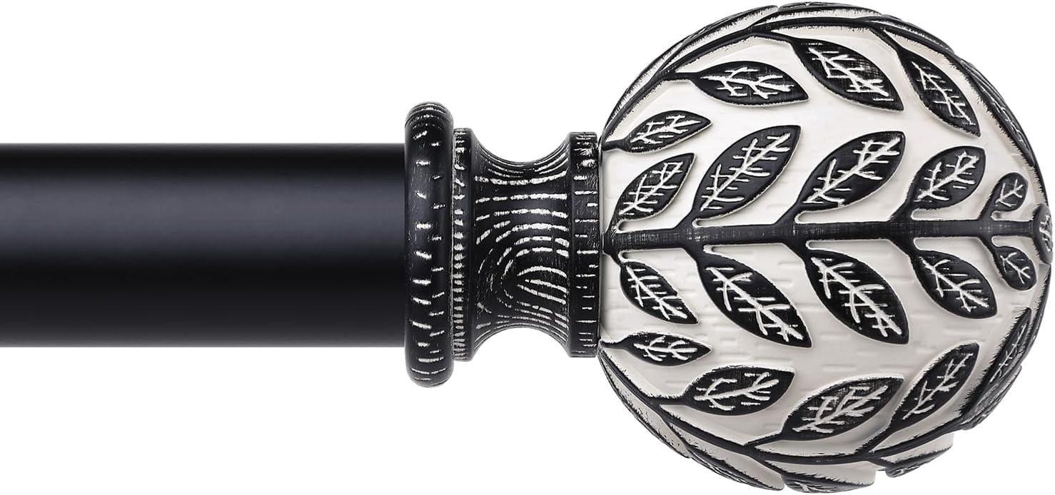 Boho Black Curtain Rod, 1 Inch Decorative Adjustable Heavy Duty Curtain Rods for Windows 48 to 84 Inch, Rustic Window Treatment Rods with Handmade Leaf Finials, Easy Installation