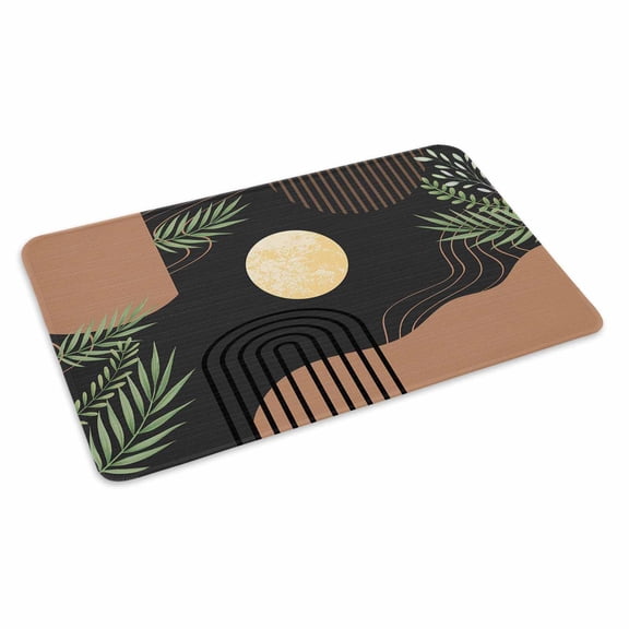 Boho Black Doormat Outdoor Entrance 16"x24", Brown Modern Stripes Moon Abstract Leaf Absorb Moisture Dirt Door Mats, Non-Slip Rubber Backing Floor Mats Indoor, Low-Profile Front Door Rugs