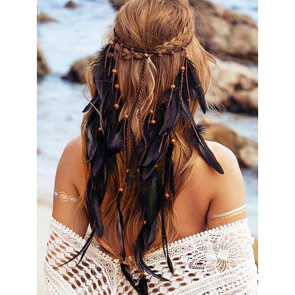 Boho Black Feather Headband Hippie Headpiece Witch Headdress Viking Hair Accessories for Women