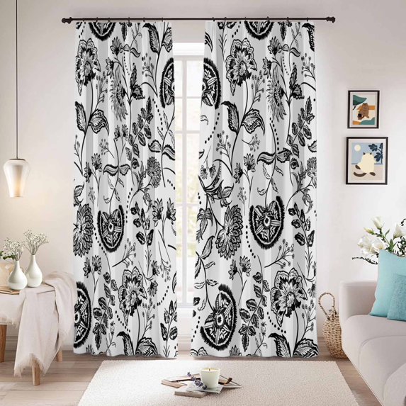 Boho Black Floral Blackout Curtains for Bedroom/Living Room, Pinch Pleated Black Out Curtains, Vintage Farmhouse Paisley Plant Leaf Room Darkening Window Drapes with Hooks 2 Panels, 39"x70"