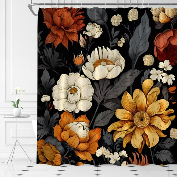 Boho Black Floral Shower Curtain Vintage Flower Abstract Botanical Aesthetic Retro Home Bathroom Curtains Decor Fabric Include Hooks,70 W X 70 H