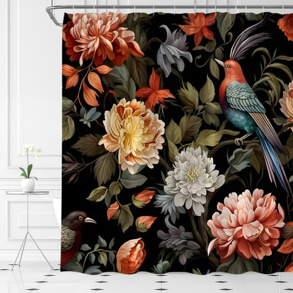 Boho Black Floral Shower Curtain Vintage Flower Bird Abstract Botanical Aesthetic Retro Home Bathroom Curtains Decor Fabric Include Hooks,70 W X 70 H
