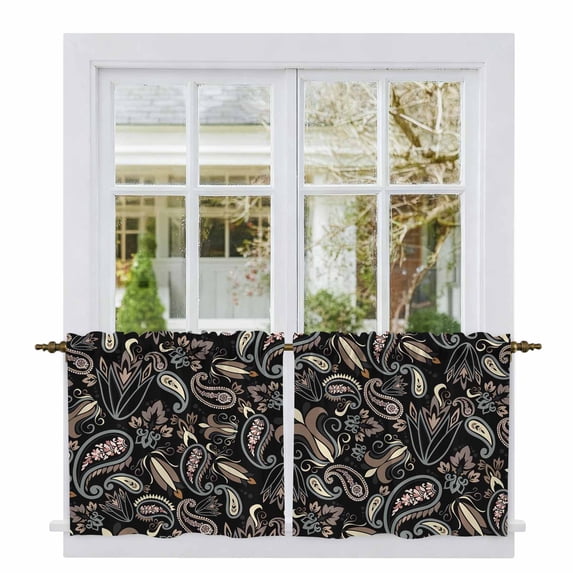 Boho Black Floral Tier Curtains, Farmhouse Botanical Vintage Paisley Flower Light Filtering Kitchen Curtains, 2Pcs Rod Pocket Half Window Treatments Panels for Sink Cafe Cabinet Camper 27.5x24 Inches