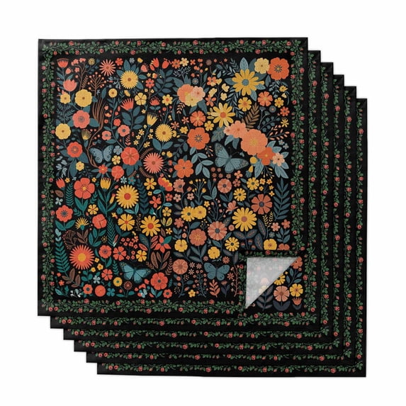Boho Black Flowers Cloth Napkins, Spring Abstract Watercolor Floral Leaf Washable and Reusable Dinner Napkins Set of 6, Table Napkin for Kitchen Party Birthday Wedding Hotel Housewarming 20"x20"
