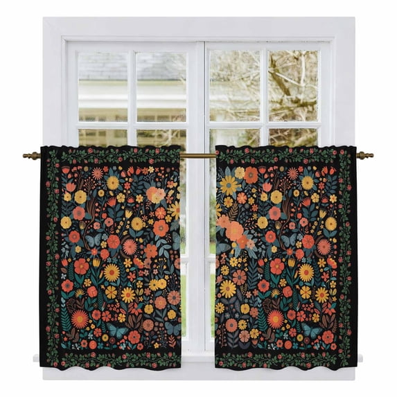 Boho Black Flowers Kitchen Curtain for Berdoom Living Room Cafe 45 Inch Length, Spring Abstract Watercolor Floral Leaf Tiers Curtains Light Filtering Drapes Window Treatment 2 Panels 52"Wx45"L