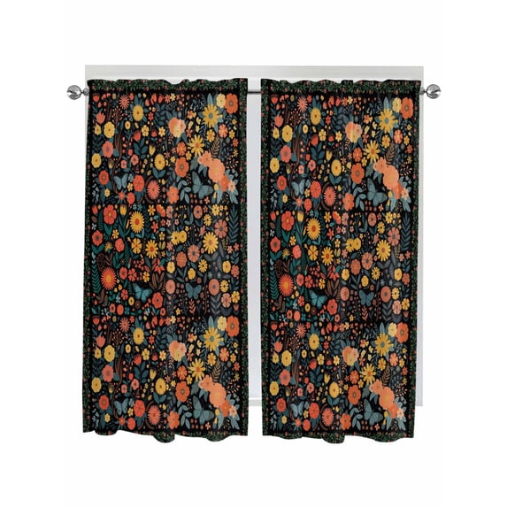 Boho Black Flowers Living Room Curtains 2 Panel, Spring Abstract Watercolor Floral Leaf Cafe Window Treatment, Extra Long Farmhouse Bedroom Bathroom Kitchen Curtains Drapes 104"x72"