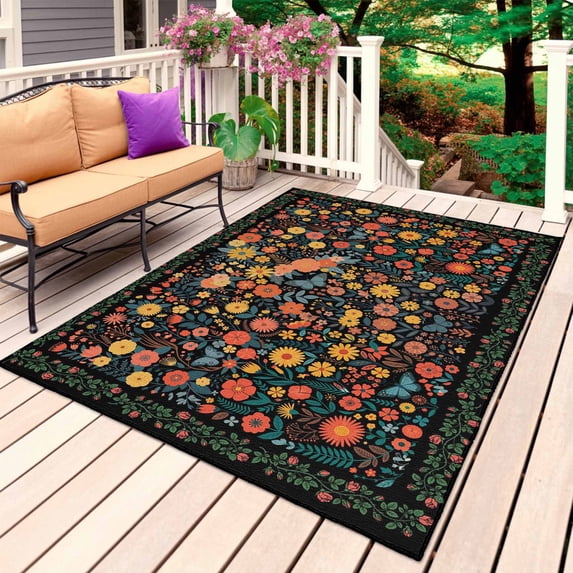 Boho Black Flowers Outdoor Rug 5x8 Ft, Non Slip Washable Area Rug, Spring Abstract Watercolor Floral Leaf Patio Rugs Carpet Runner, Large Floor Mat for Indoor/Outdoor Deck Porch Camping