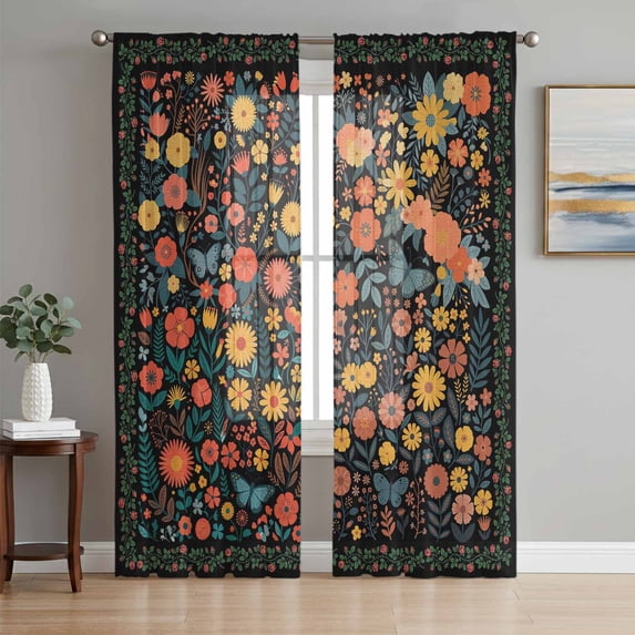 Boho Black Flowers Sheer Curtains 63 Inch Length 2 Panels Set Window Treatments, Spring Abstract Watercolor Floral Leaf Rod Pocket Semi Curtains for Living Room/Bedroom/Kitchen Décor, 104"W x 63"L