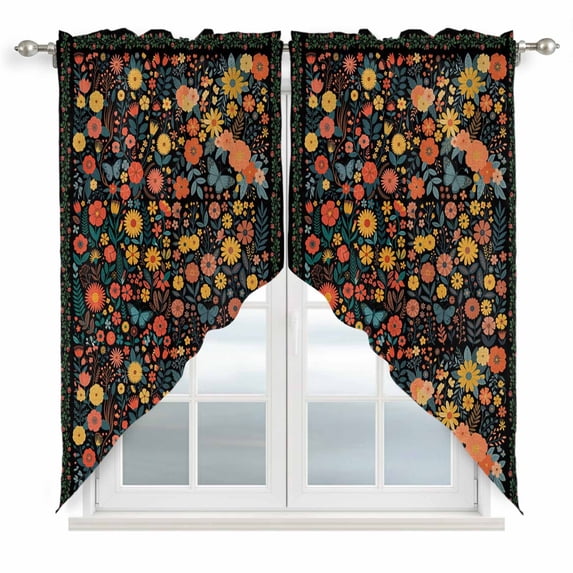 Boho Black Flowers Swag Curtains for Kitchen/Bedroom/Living Room, Spring Abstract Watercolor Floral Leaf Scalloped Curtains 63 Inch Long, Window Swag Topper Curtains Valances 2 Panels Set 36"x63"