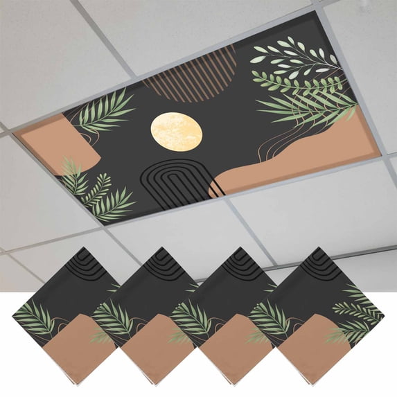 Boho Black Fluorescent Light Covers, Brown Modern Stripes Moon Abstract Leaf Magnetic Light Covers for Ceiling Lights, Fluorescent Ceiling Shade Filters for Classroom Bedroom Office 4x2Ft x 4PCS