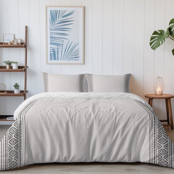 Boho Black Geometric Texture California King Size Bed Set,Retro Farmhouse Gray Back Bedding for All Seasons,4 Pcs Bed Set with 1 Quiltcover (96"x104"),1 Sheet (110"x98"),2 Pillowcases (20"x36")