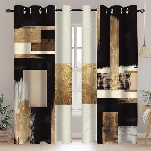 Boho Black Gold Abstract Blackout Curtains, Modern Oil Aesthetic Neutral Contemporary Beige Darkening Thermal Insulated Grommet Light Blocking Drape Decor, 52 x 63 Inch Long 2 Panels