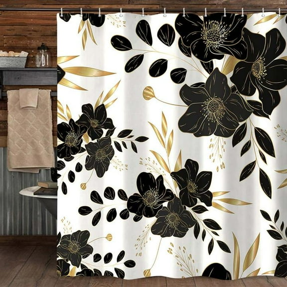 Boho Black and Gold Shower Curtain, Black Flowers Bathroom Shower Curtain, Vintage Botanical Aesthetic Boho Floral Fabric Unique Chic Shower Curtain Set with Hooks 70X85IN