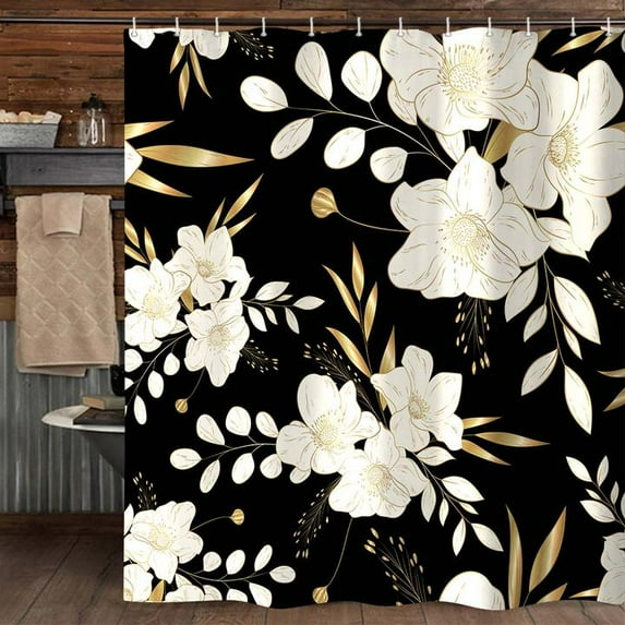 Boho Black and Gold Shower Curtain, Gold Flowers Bathroom Shower Curtain, Vintage Botanical Aesthetic Boho Floral Fabric Unique Chic Shower Curtain Set with Hooks 70X85IN