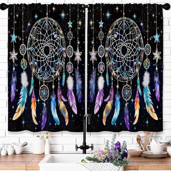 Boho Black Kitchen Curtains Bohemian Dream Catcher Feather Vintage Treatments Cafe Small Short Tier Window Curtains Drapes Farmhouse 2 Panels Bathroom Bedroom Living Room Decor 27.5x36 Inch