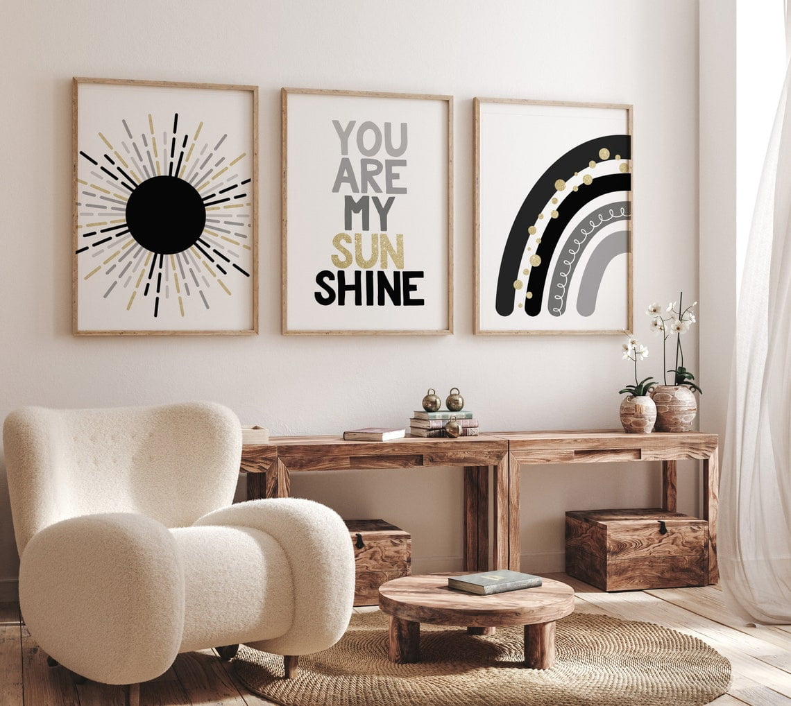 Printer Rambow Boho Black Nursery Wall Art Print, Gold Rainbow, Sun, Moon, Nursery And ...