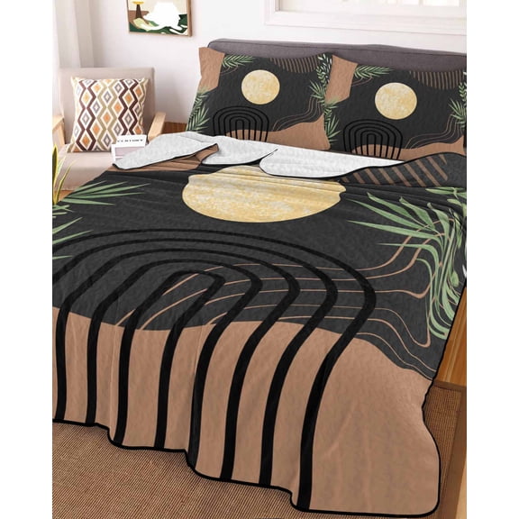 Boho Black Queen Size Down Alternative Comforter, Lightweight Comforter Quilt Bedding Set with Pillow Shams Brown Modern Stripes Moon Abstract Leaf All Seasons Bed Comforter Duvet Insert 90"x96"
