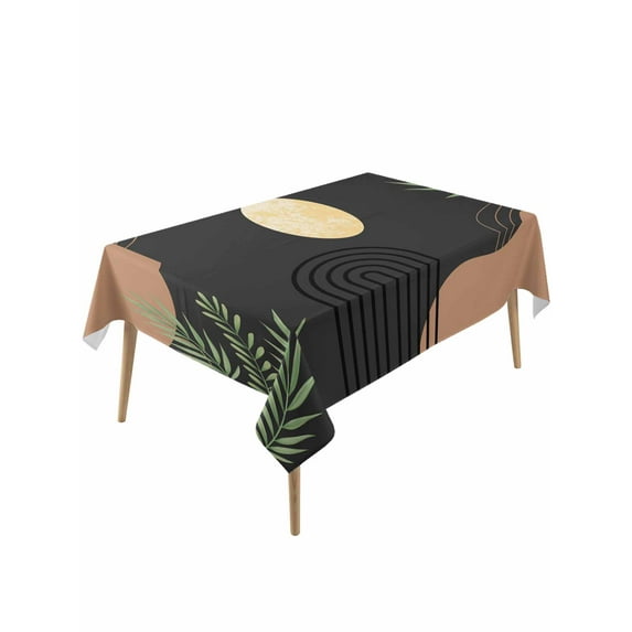 Boho Black Rectangle Tablecloth, Brown Modern Stripes Moon Abstract Leaf Waterproof & StainResistant Tablecloth, Washable Oil-proof Table Cover for Dining/Party/Wedding/Camping/Buffet 54x108 In