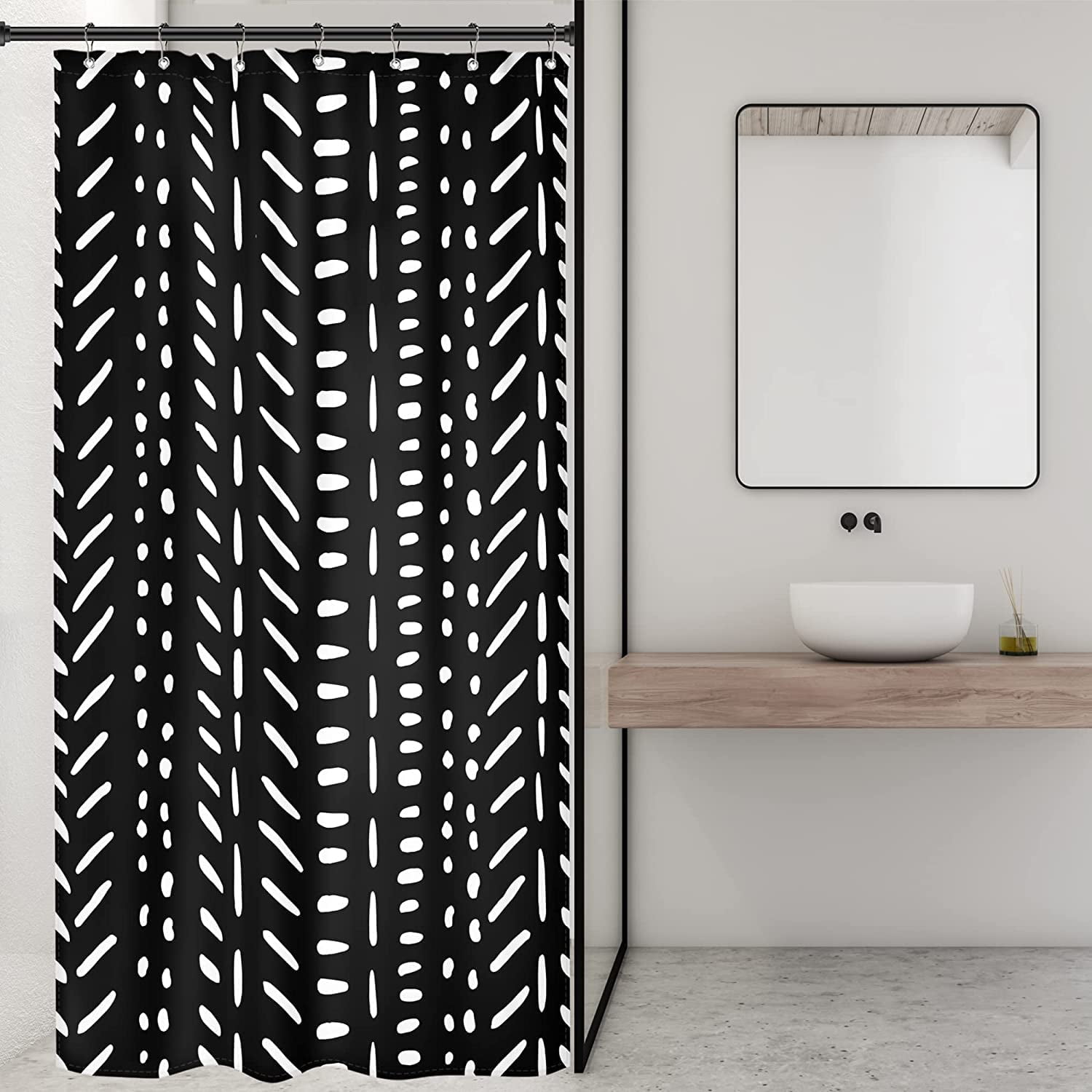 Boho Black Stall White Small Half Size Dorm Shower Curtain 36x72 Inch Chevron Geometric Herringbone Striped Single Narrow Tiny Walkin Stand Up Decor Fabric Bathroom Set Polyester Waterproof