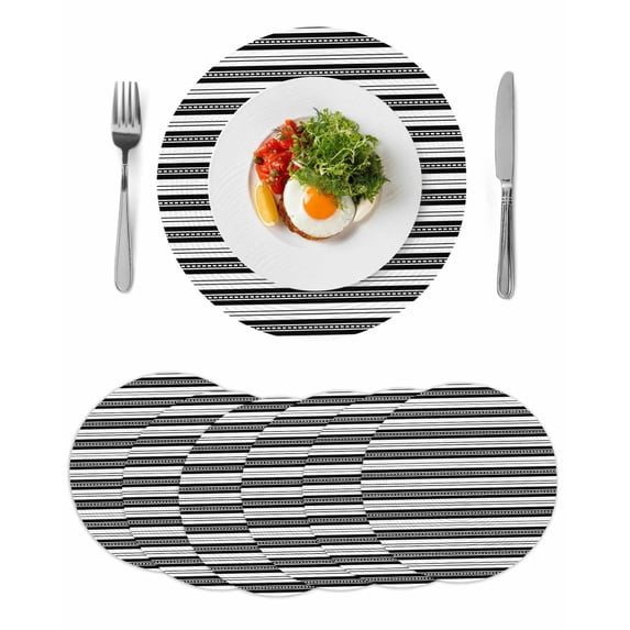 Boho Black Stripe Round 15 Inch Placemats Set of 6, Abstract Geometric White Minimalist HeatResistant Non Slip Place Mats for Dining Table, Wipeable Braided Kitchen Table Mats for Housewarming