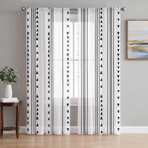 Boho Black Stripes Semi Sheer Window Curtains 84 Inches Long, Triangle Arrow Geometric Abstract Art Rod Pocket Voile Silky Chiffon Curtain Light Filtering Drapes for Living Room, 52"x84", 2 Panels